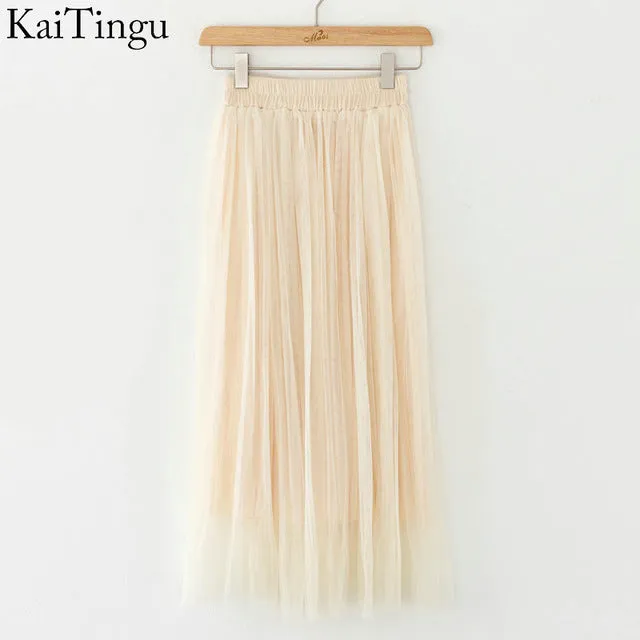 KaiTingu Brand New Fashion 2016 Ladies Gray Color 3 Layer Pleated Skirt Long Tulle Skirts Straight Grey Solid Mesh Skater Skirt