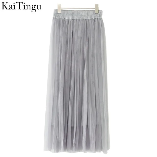 KaiTingu Brand New Fashion 2016 Ladies Gray Color 3 Layer Pleated Skirt Long Tulle Skirts Straight Grey Solid Mesh Skater Skirt