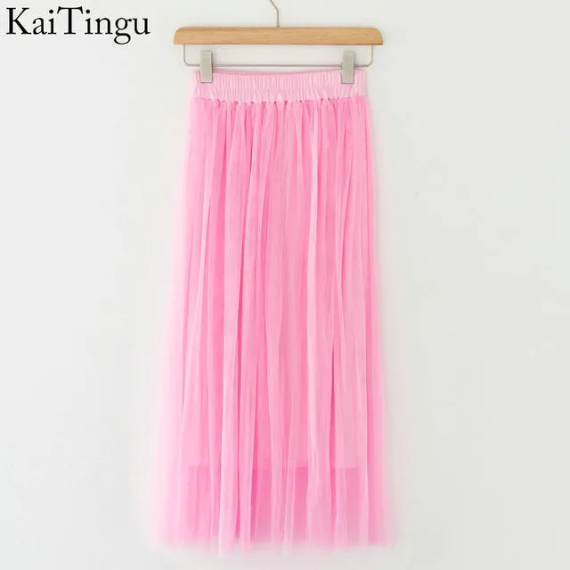 KaiTingu Brand New Fashion 2016 Ladies Gray Color 3 Layer Pleated Skirt Long Tulle Skirts Straight Grey Solid Mesh Skater Skirt