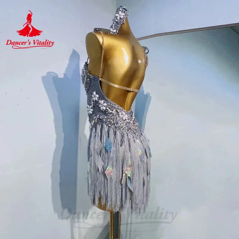 Latin Dance Costumes Senior AB Stones Sequin Tassel Backless Dress Women's Tango Chacha Rumba Professional Performance Clothing