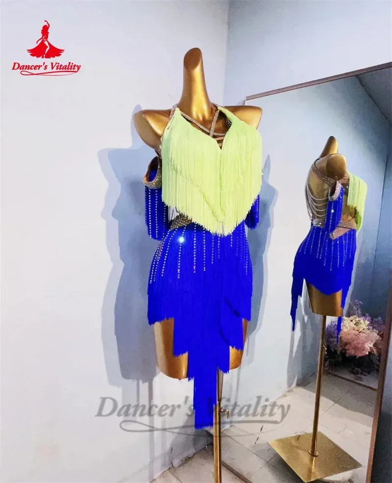 Latin Dance Fringe Dress for Women Customsized Chacha Tango Performance Competition Costume Skirt Children Adult Latin Dresses