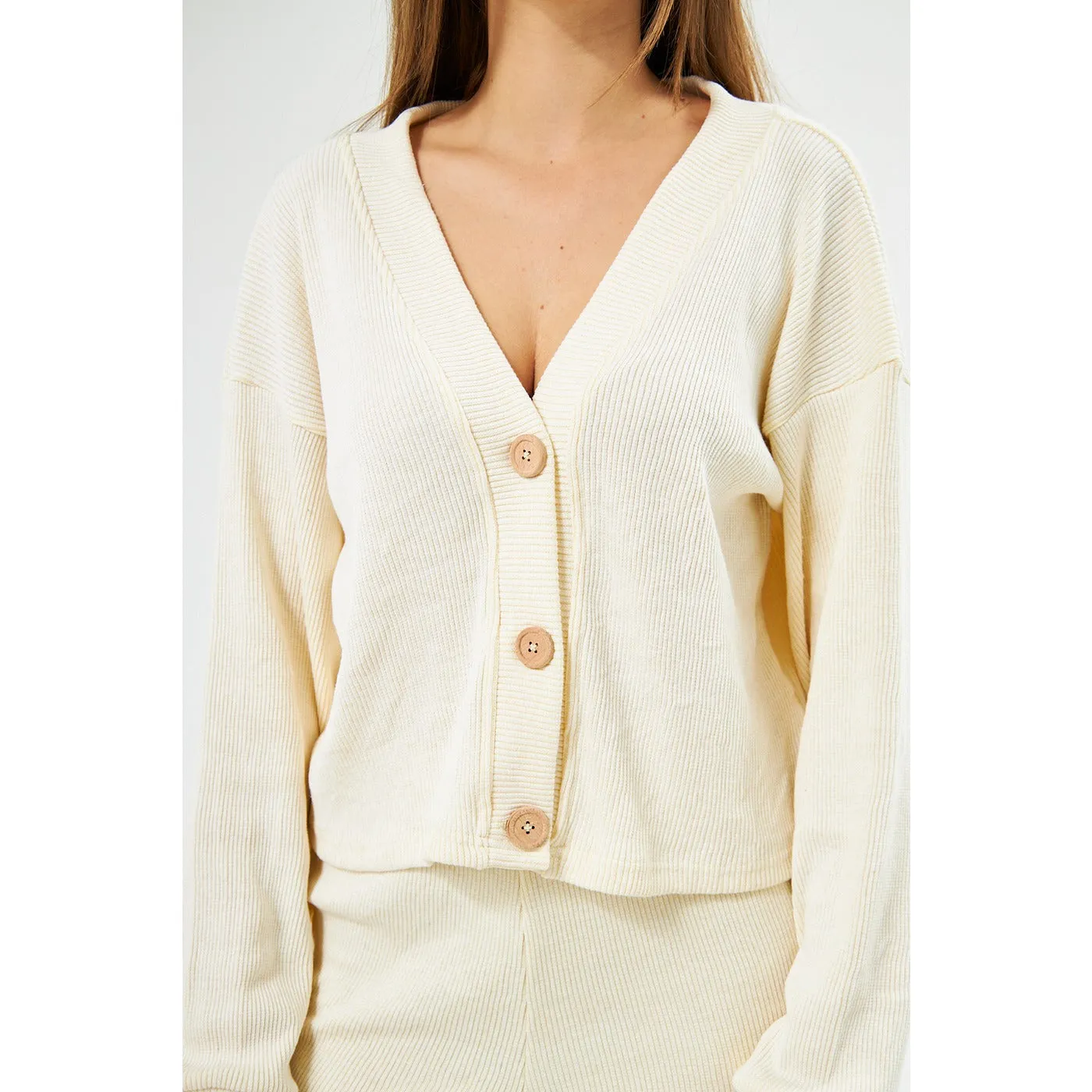 Lemon Waffle Knit Button Down Cardigan