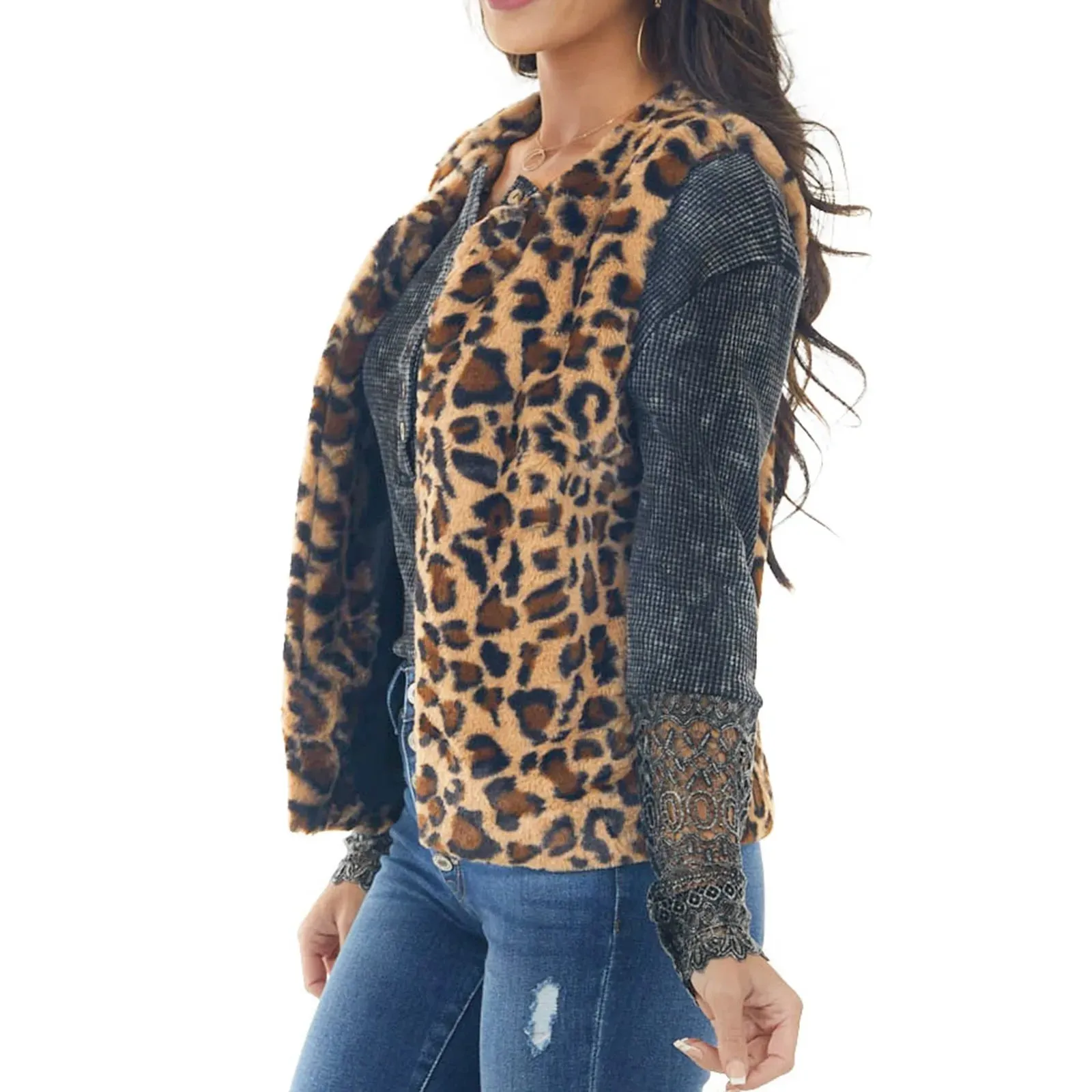 Leopard Print Sleeveless Fleece Jacket