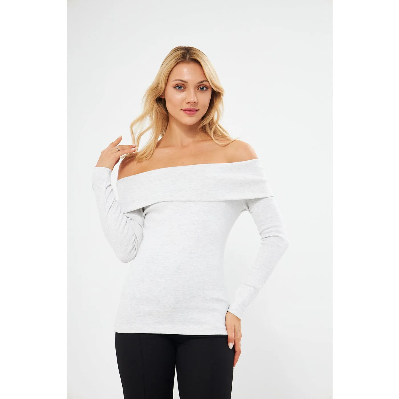 Light Grey Rib Off-Shoulder Top