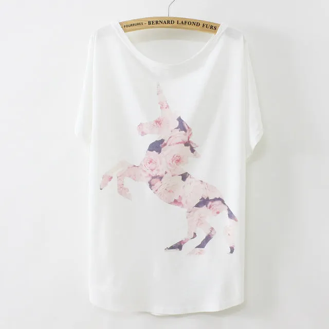 [Magic] New 2016 summer T shirt women style thin plus size loose batwing sleeve women's T-shirt  cat kiss Fish print Top Tees