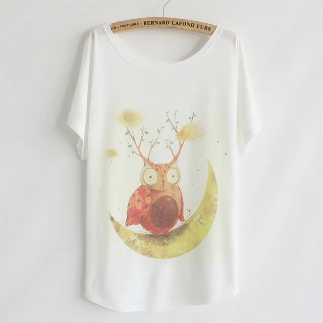 [Magic] New 2016 summer T shirt women style thin plus size loose batwing sleeve women's T-shirt  cat kiss Fish print Top Tees