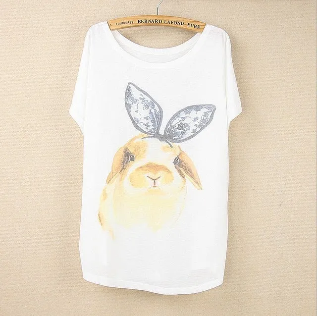 [Magic] New 2016 summer T shirt women style thin plus size loose batwing sleeve women's T-shirt  cat kiss Fish print Top Tees