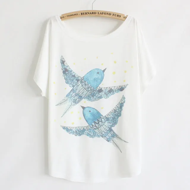 [Magic] New 2016 summer T shirt women style thin plus size loose batwing sleeve women's T-shirt  cat kiss Fish print Top Tees