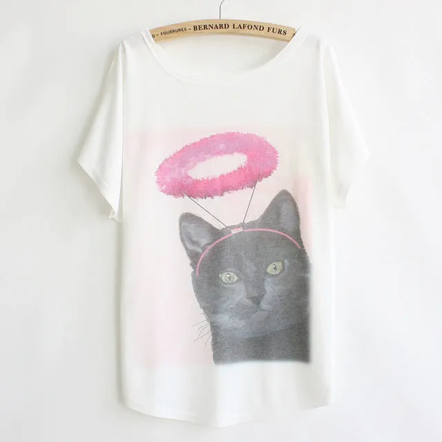 [Magic] New 2016 summer T shirt women style thin plus size loose batwing sleeve women's T-shirt  cat kiss Fish print Top Tees