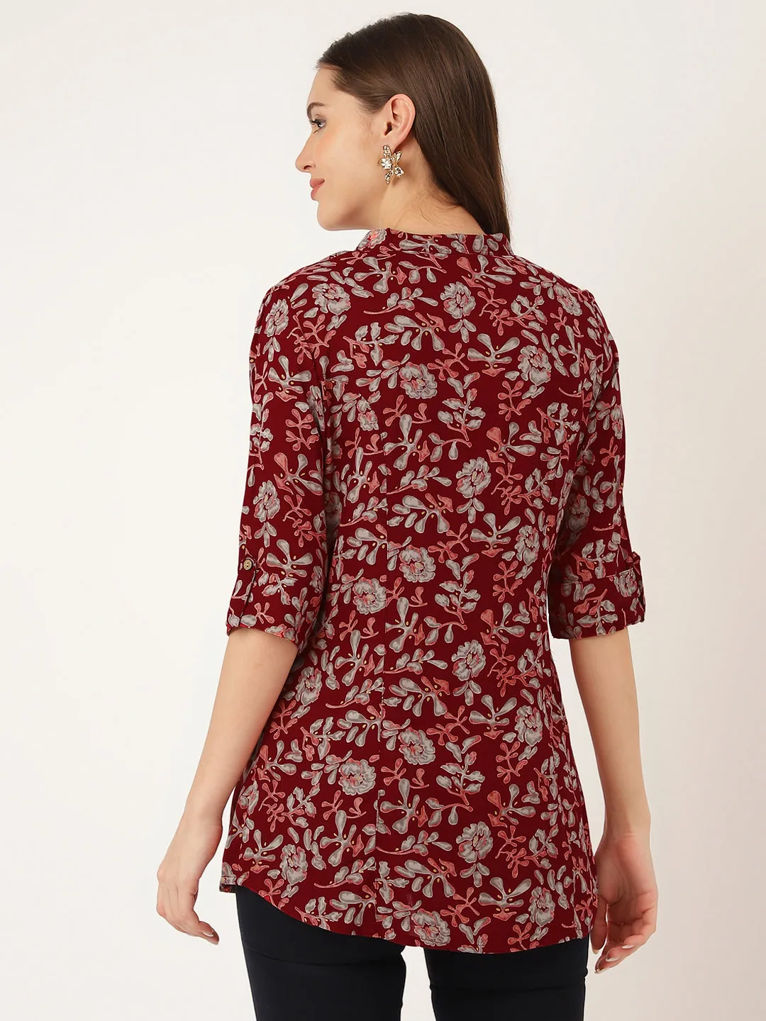 Maroon Floral Print Rayon Regular Top