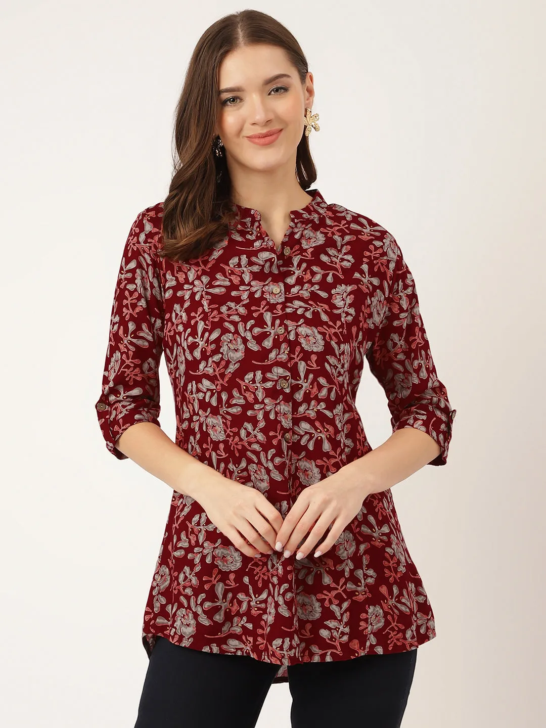 Maroon Floral Print Rayon Regular Top