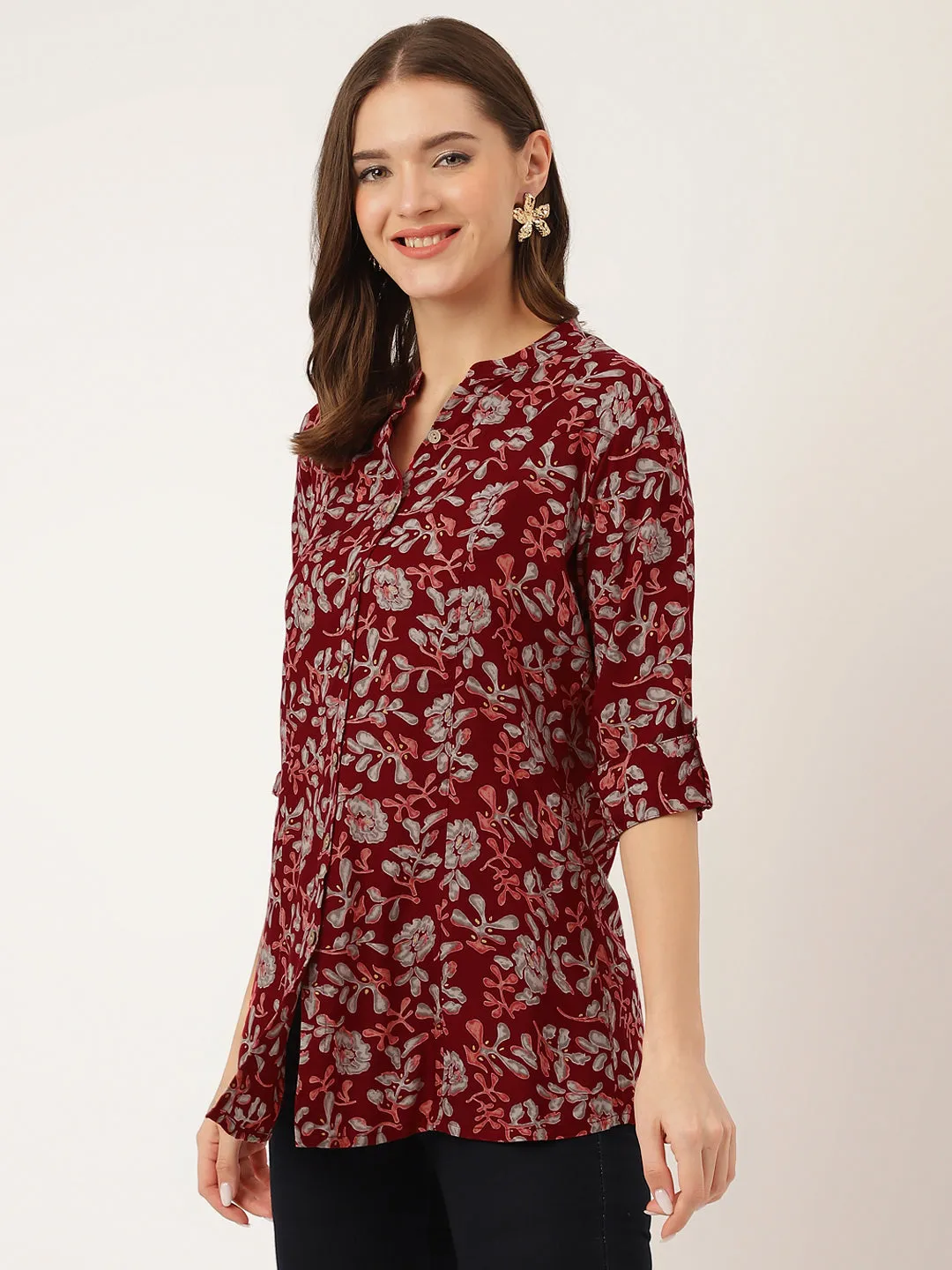 Maroon Floral Print Rayon Regular Top