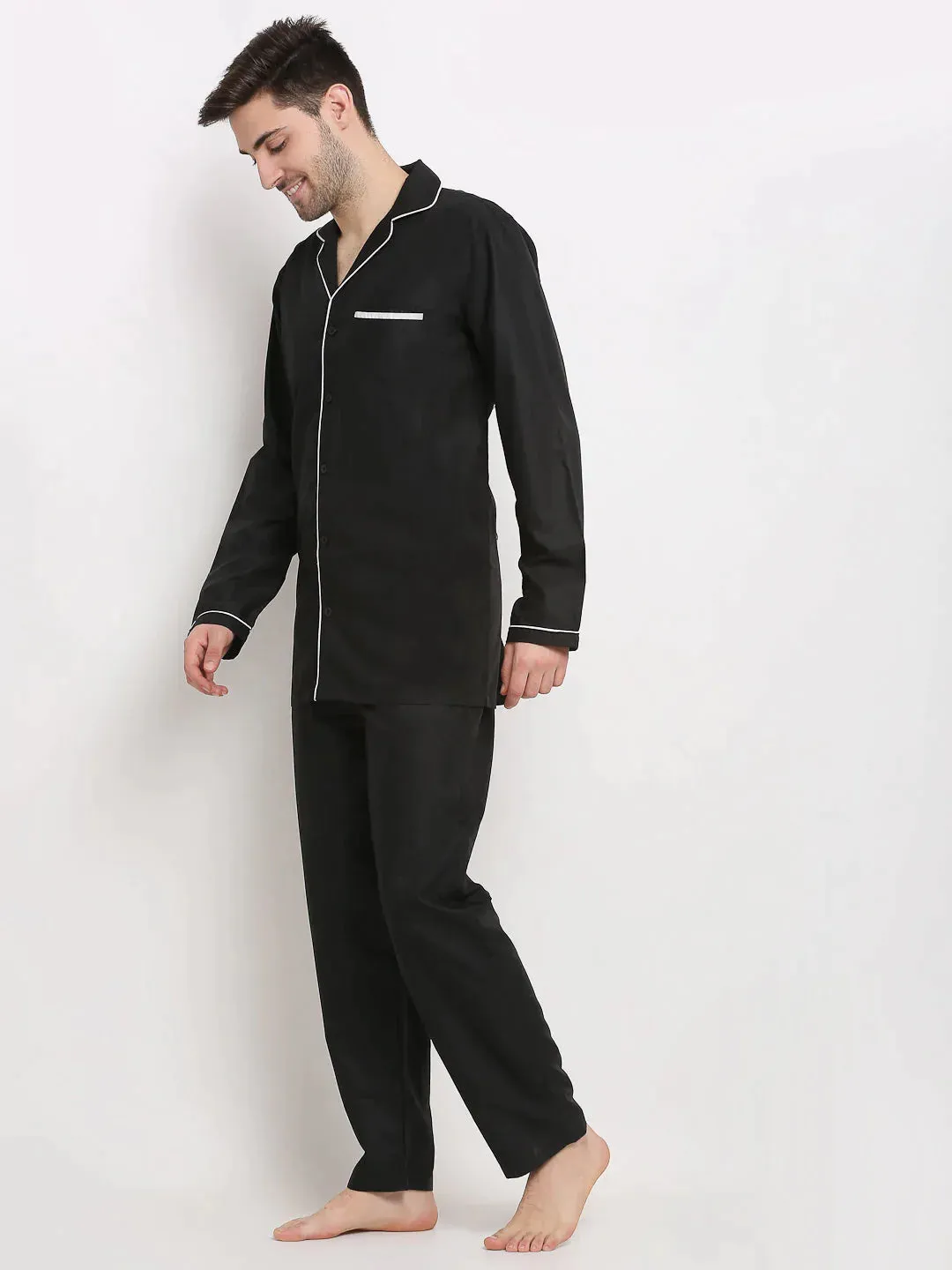 Men'S Black Cotton Solid Night Suits