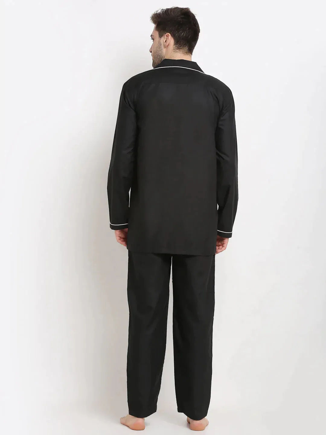 Men'S Black Cotton Solid Night Suits