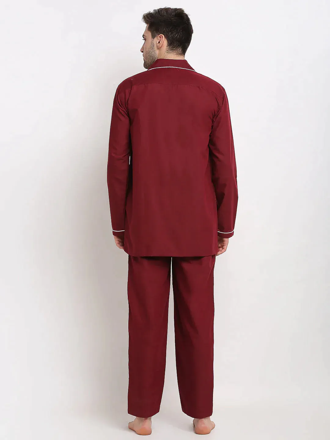 Men'S Maroon Cotton Solid Night Suits