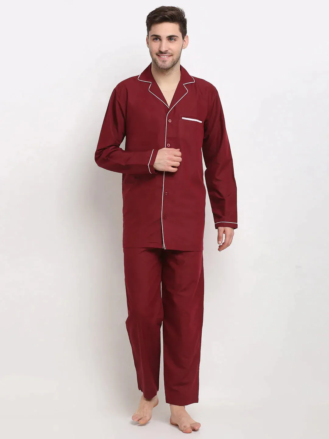 Men'S Maroon Cotton Solid Night Suits