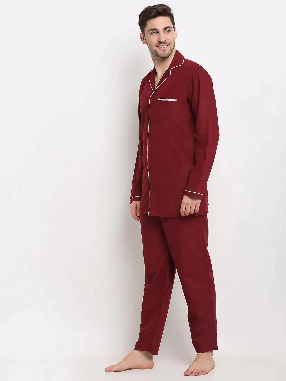 Men'S Maroon Cotton Solid Night Suits