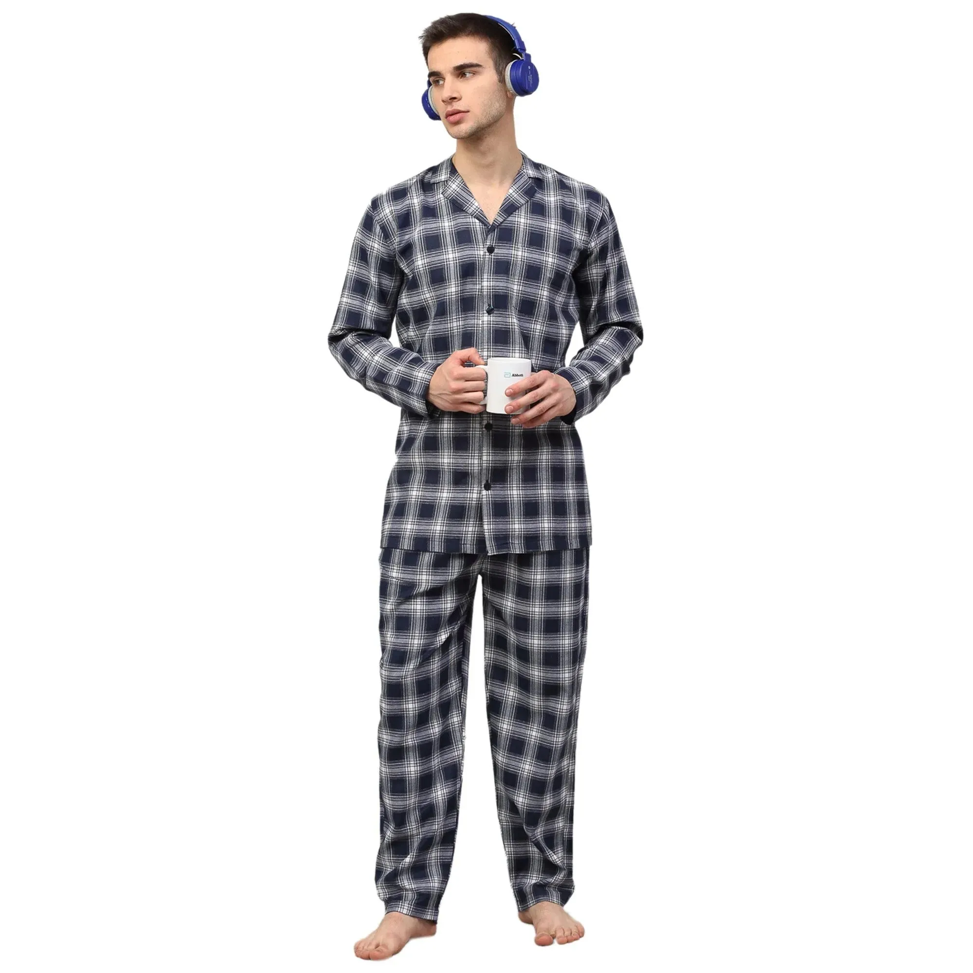 Men'S Navy Blue Checked Night Suits