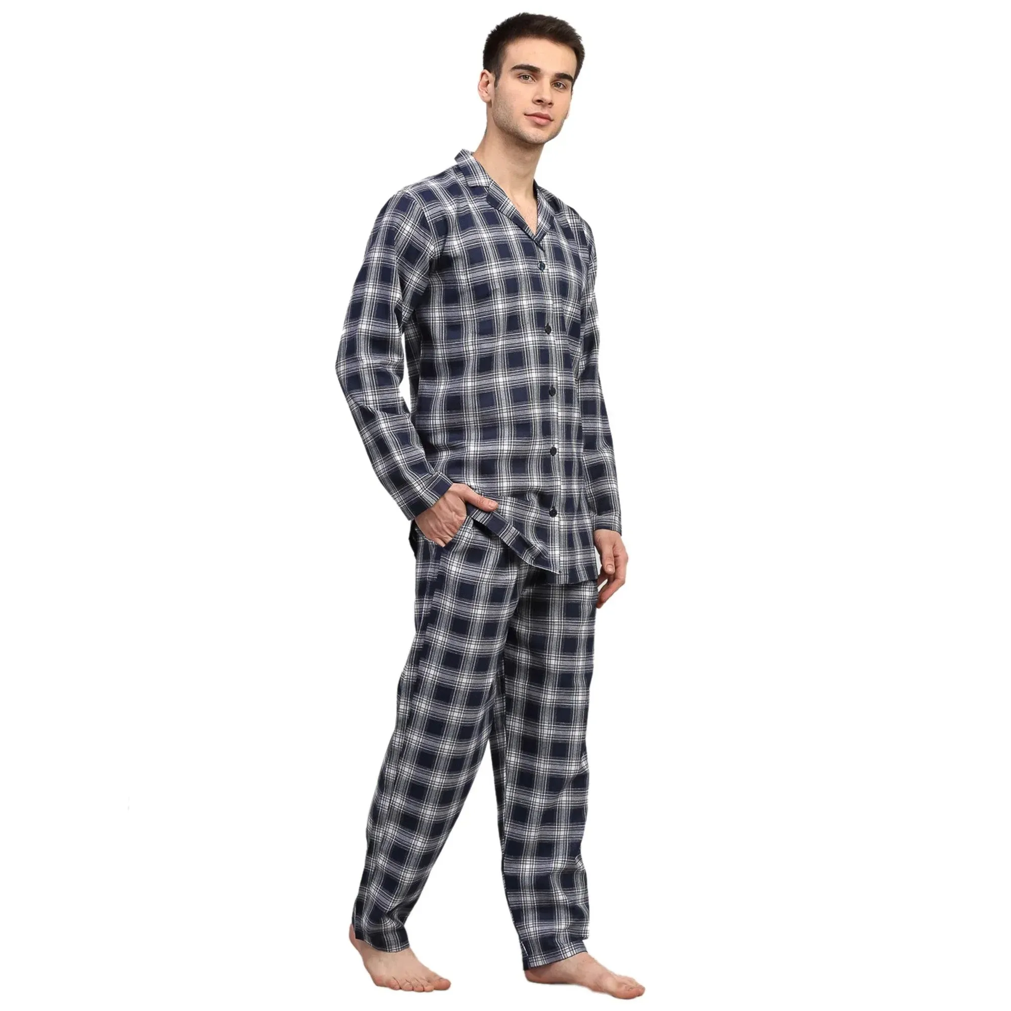 Men'S Navy Blue Checked Night Suits