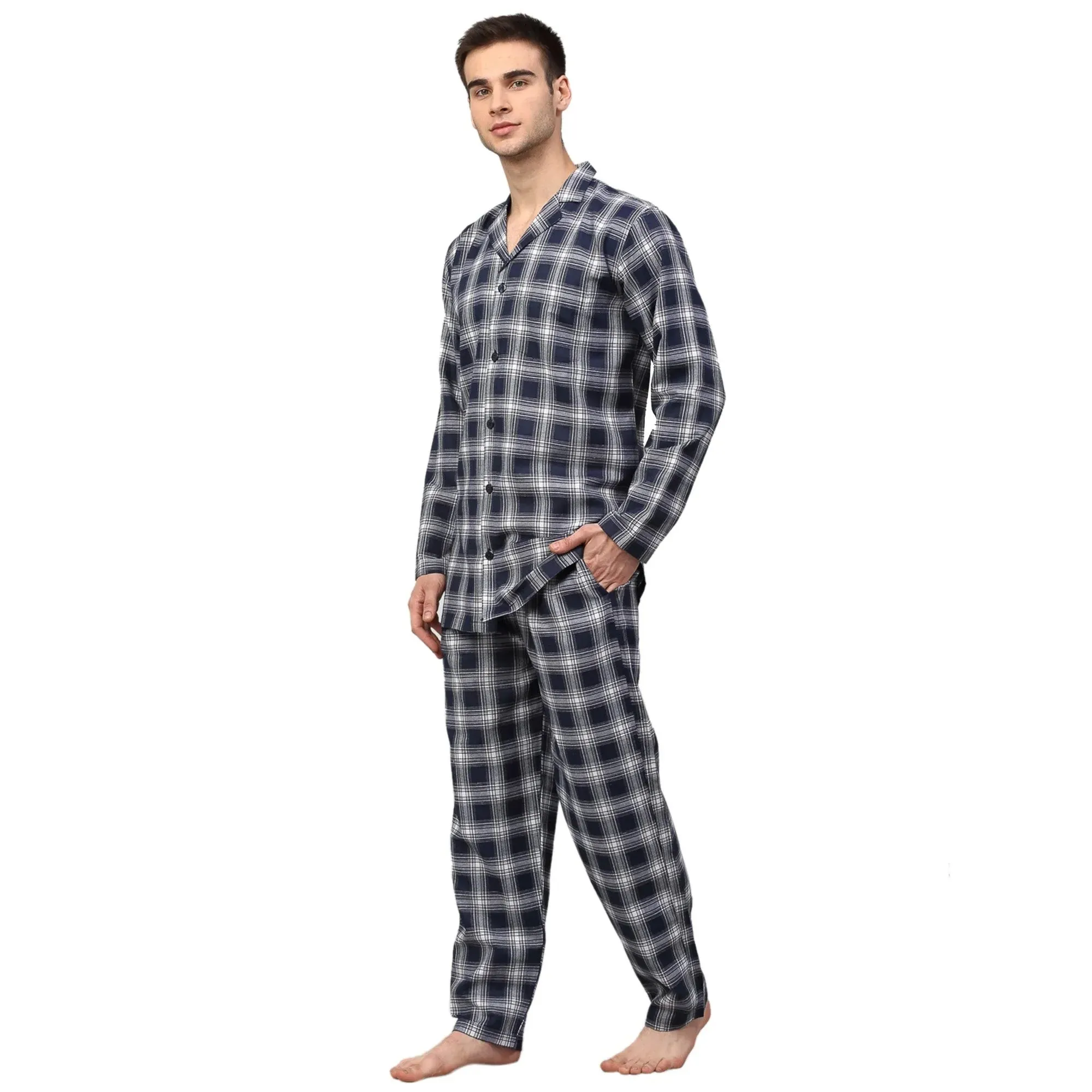 Men'S Navy Blue Checked Night Suits