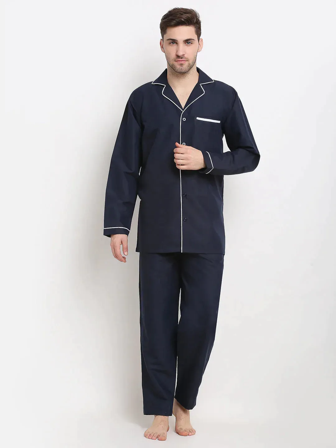 Men'S Navy Cotton Solid Night Suits