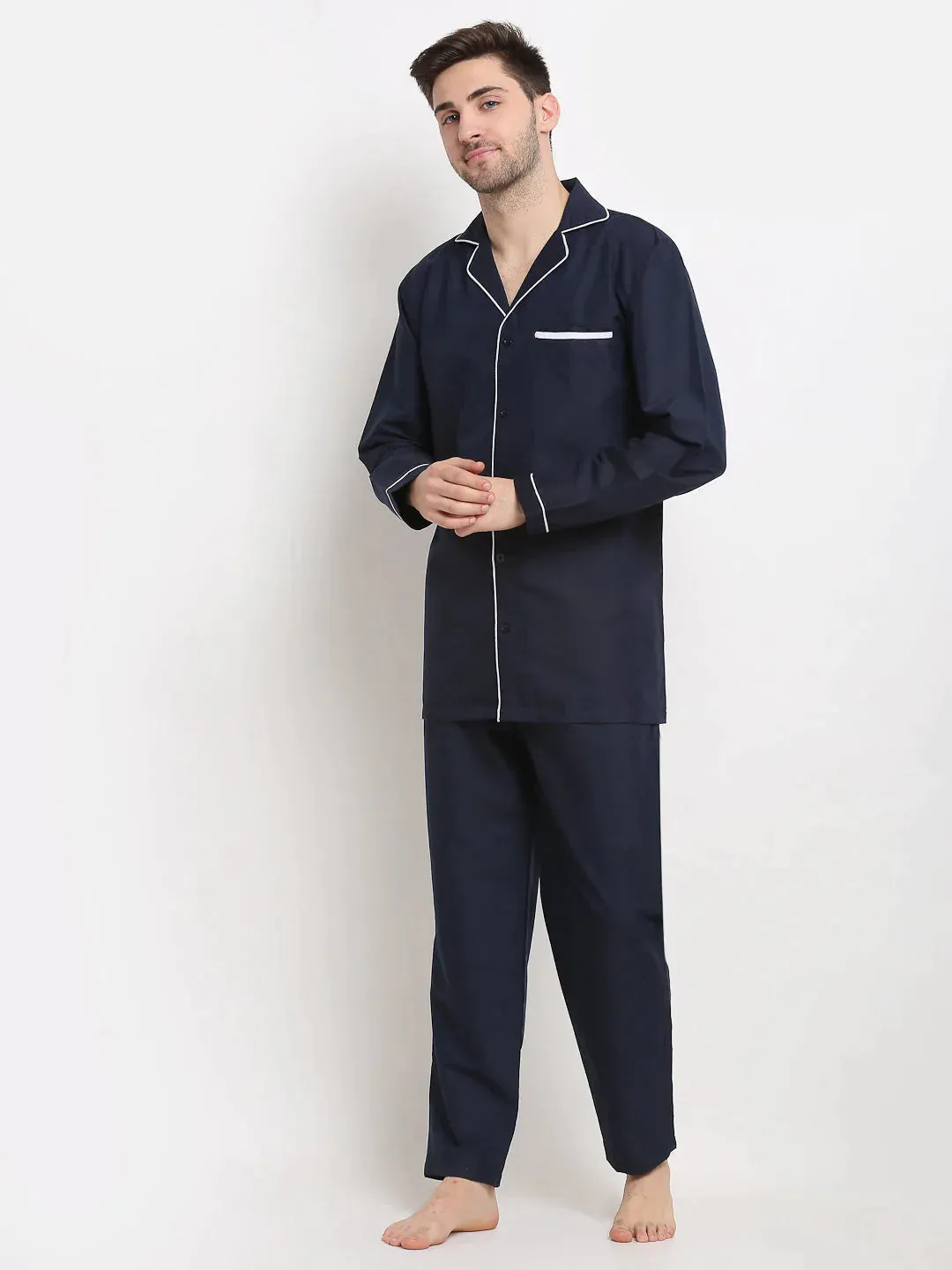 Men'S Navy Cotton Solid Night Suits