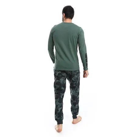 Men's Summer Pajamas Set, High-Quality Cotton, Green Long-Sleeve Shirt & Black Printed Pants