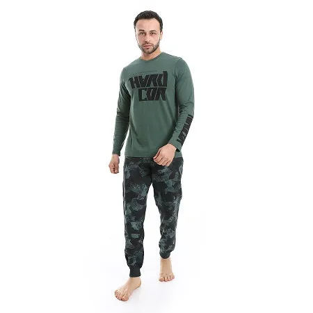 Men's Summer Pajamas Set, High-Quality Cotton, Green Long-Sleeve Shirt & Black Printed Pants