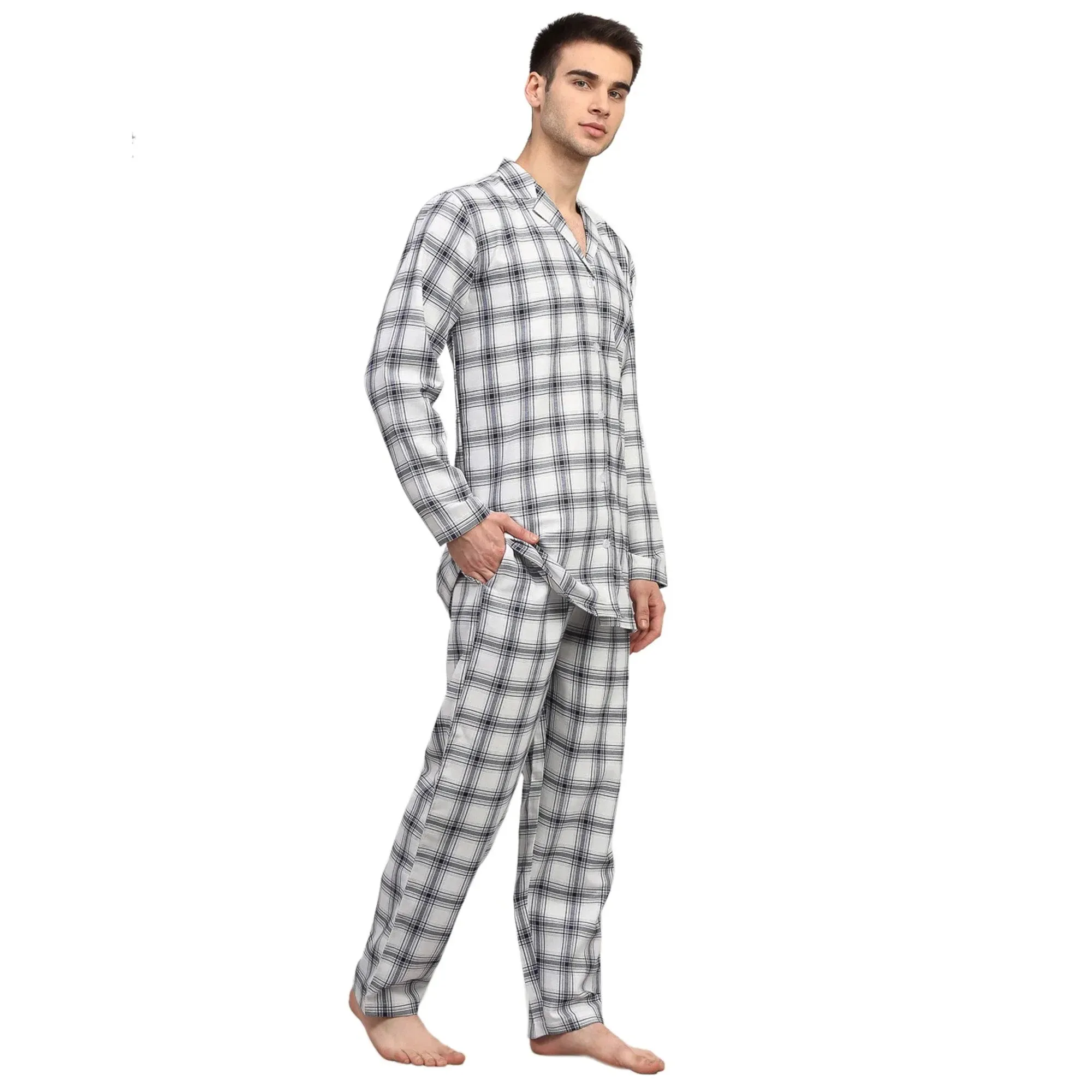 Men'S White Checked Night Suits