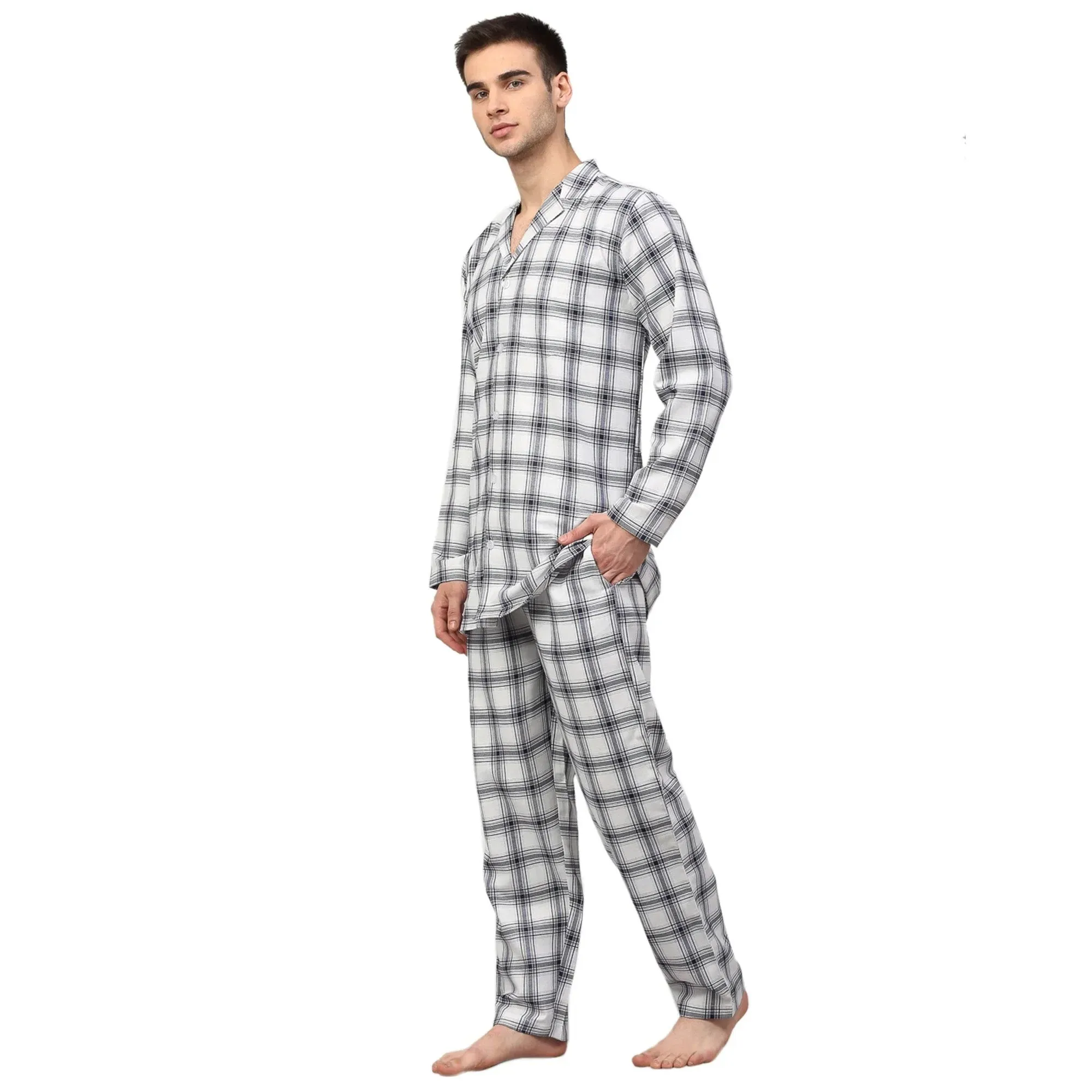 Men'S White Checked Night Suits