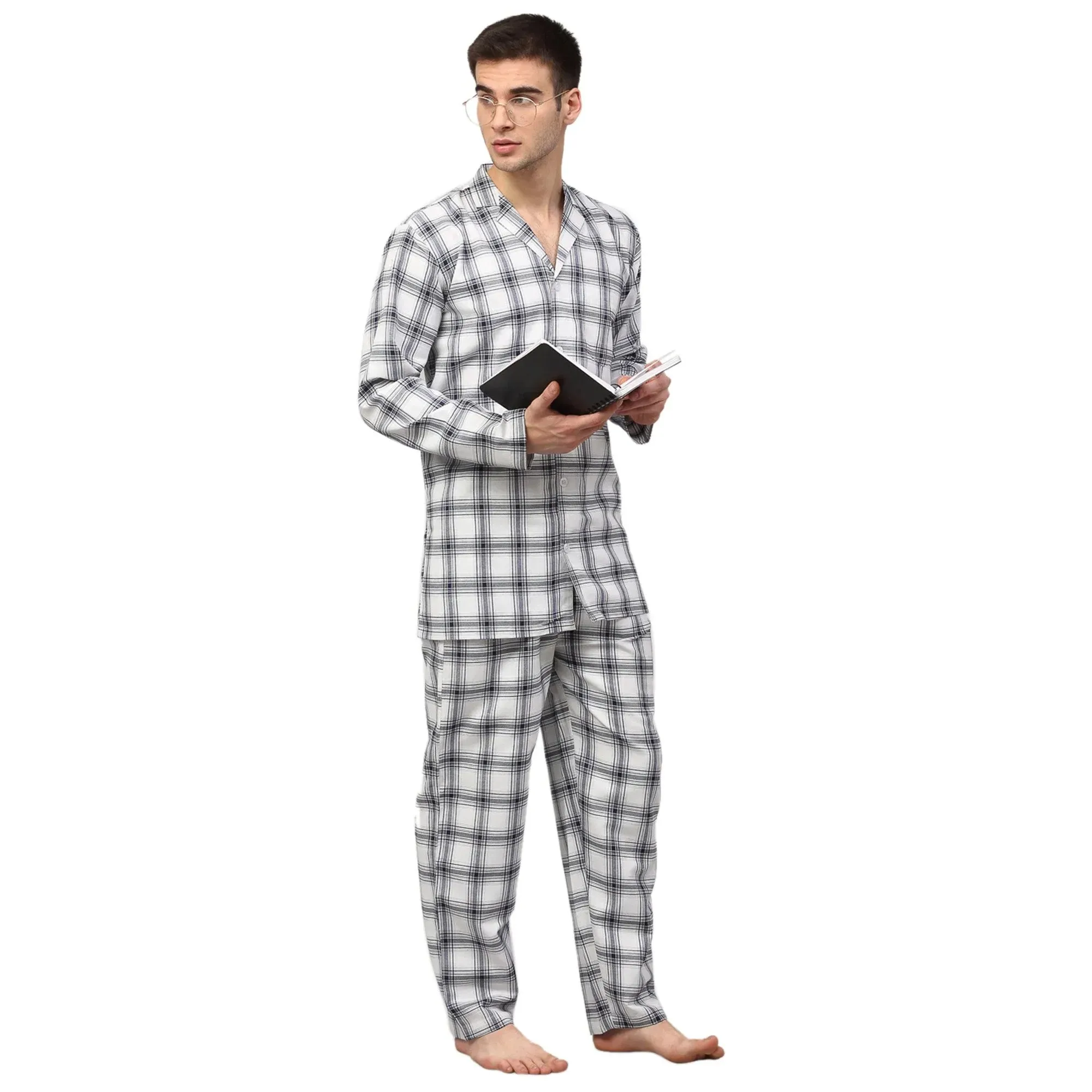 Men'S White Checked Night Suits