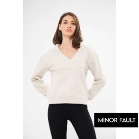 (Minor Fault) Cream V Neck Melange Sweatshirt