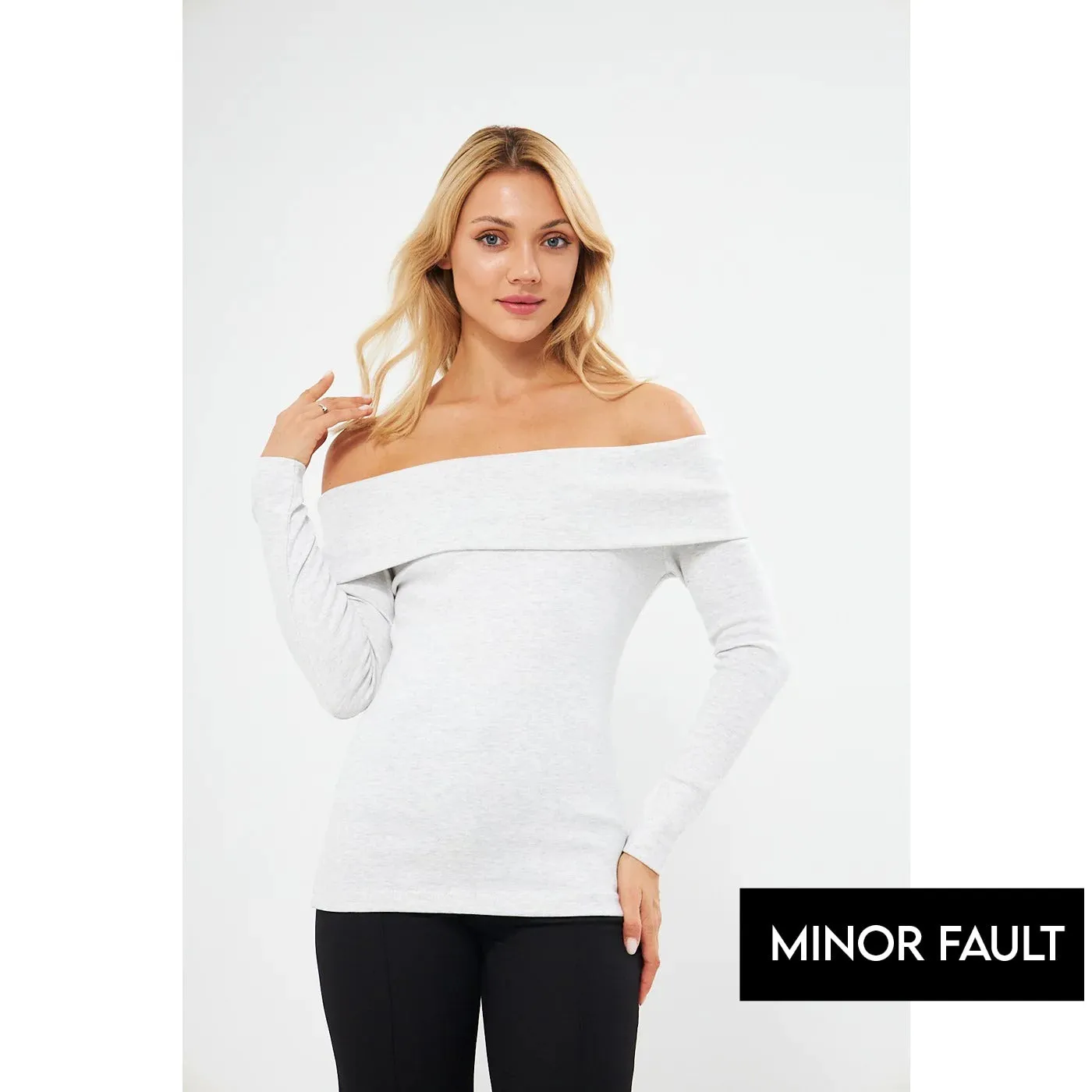 (Minor Fault) Light Grey Rib Off-Shoulder Top