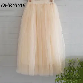 OHRYIYIE Tulle Skirts Women 2017 Summer Casual High Waist Long Skirt Elastic Waist Sun Fluffy Tutu Skirt Jupe Longue Femme S1003