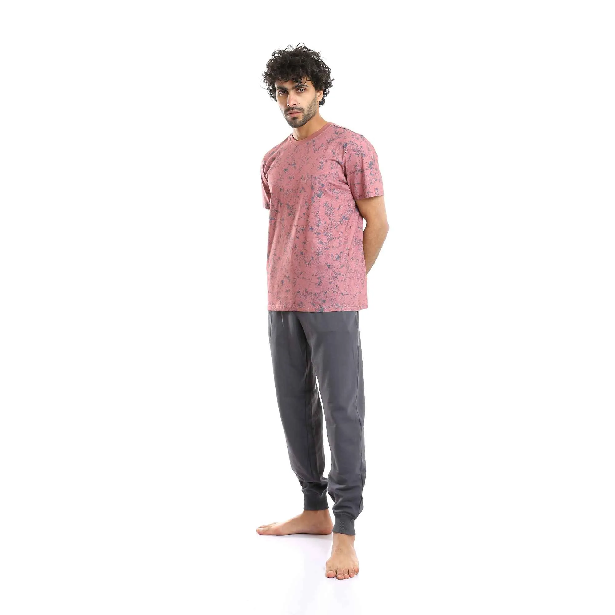 Patterned Round Neck Tee & Pants Pajama Set for Men - Cashmere & Grey