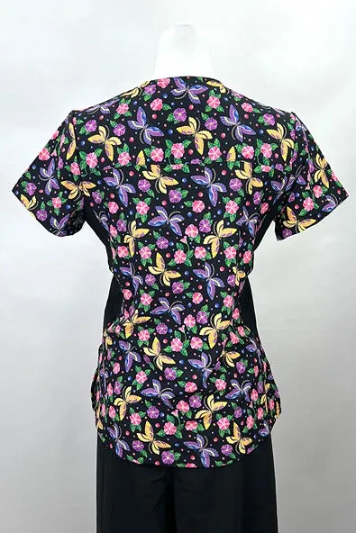 Revel Women's Mock Wrap Print Scrub Top | Floral Butterfly