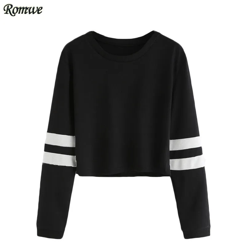 ROMWE T shirt Women 2016 Clothing Casual Ladies Autumn Tees Round Neck Varsity Striped Long Sleeve Crop T-shirt