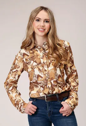 Roper Apparel Brown/Tan Route 66 Western Collage Print Snap Western Blouse for Women