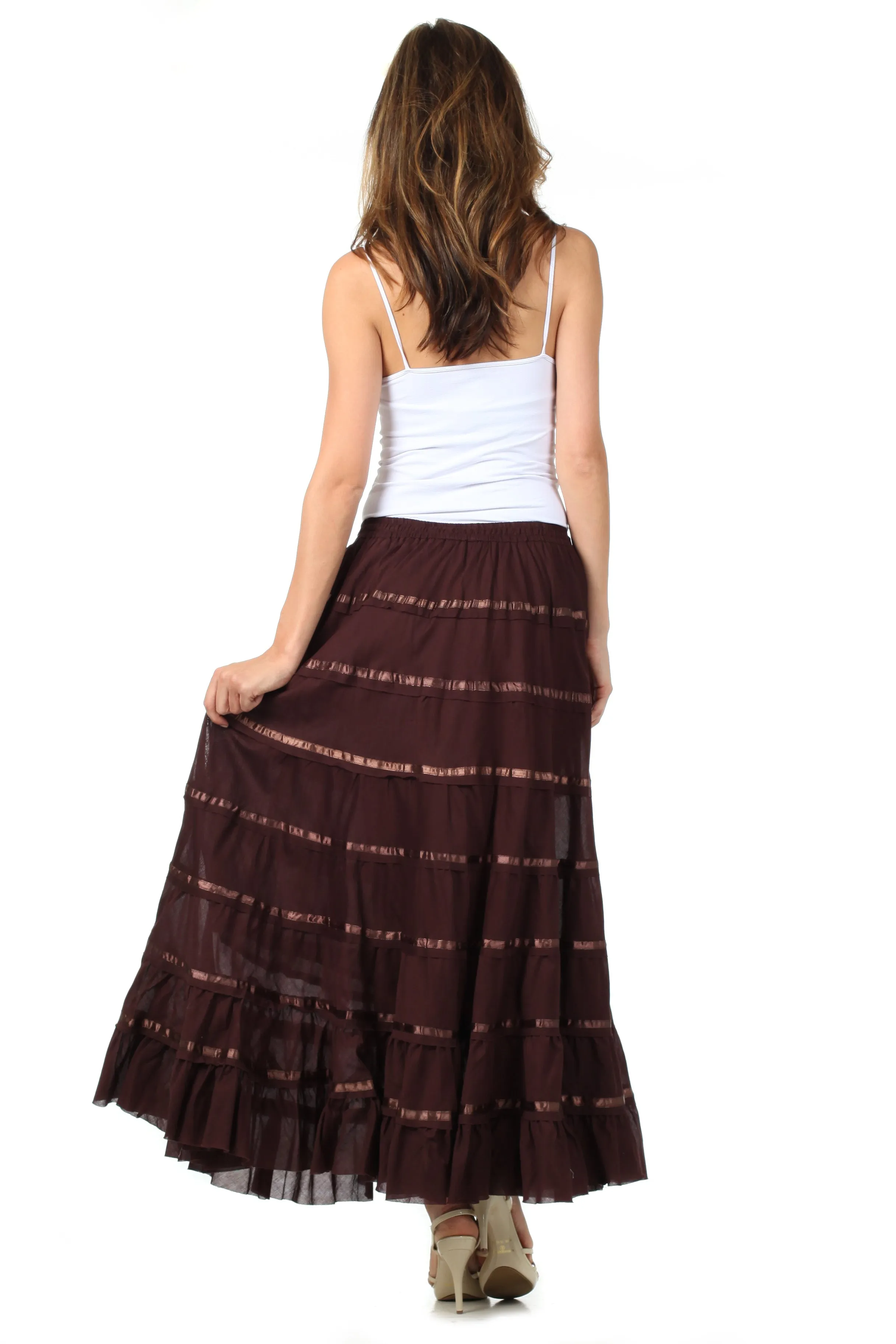 Sakkas Raw Edge Tiered Ribbon Gypsy Boho Long Cotton Skirt