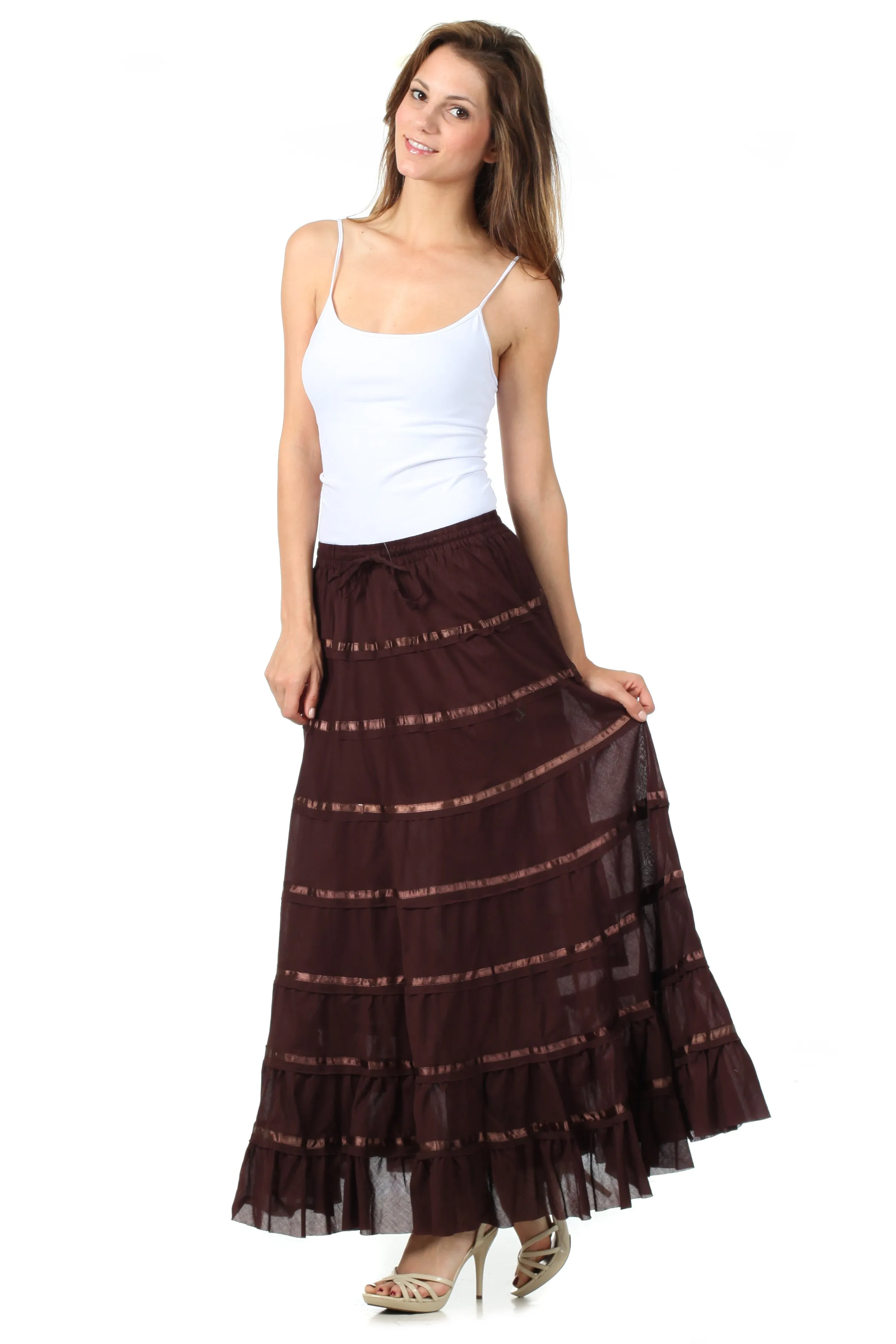 Sakkas Raw Edge Tiered Ribbon Gypsy Boho Long Cotton Skirt