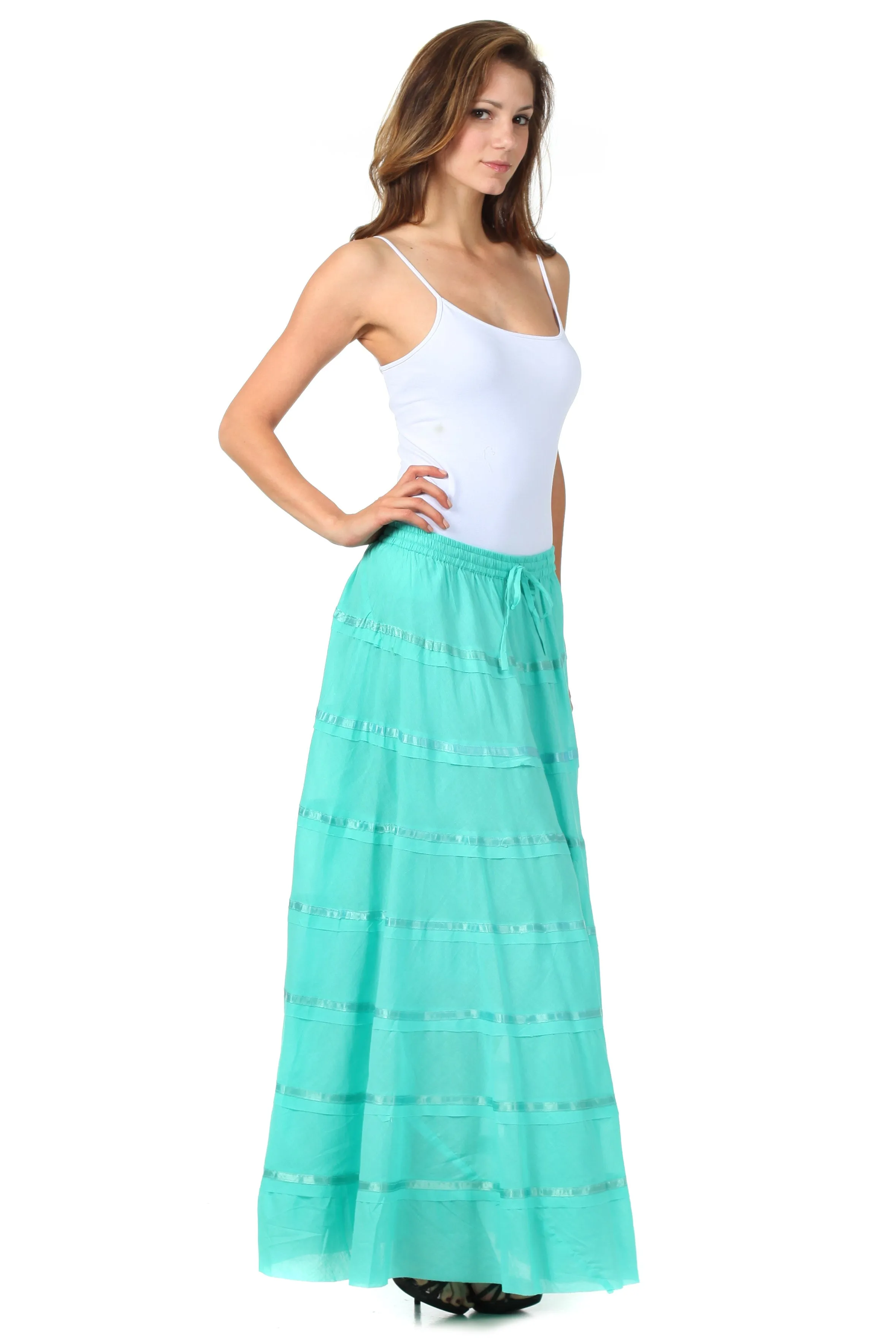 Sakkas Raw Edge Tiered Ribbon Gypsy Boho Long Cotton Skirt