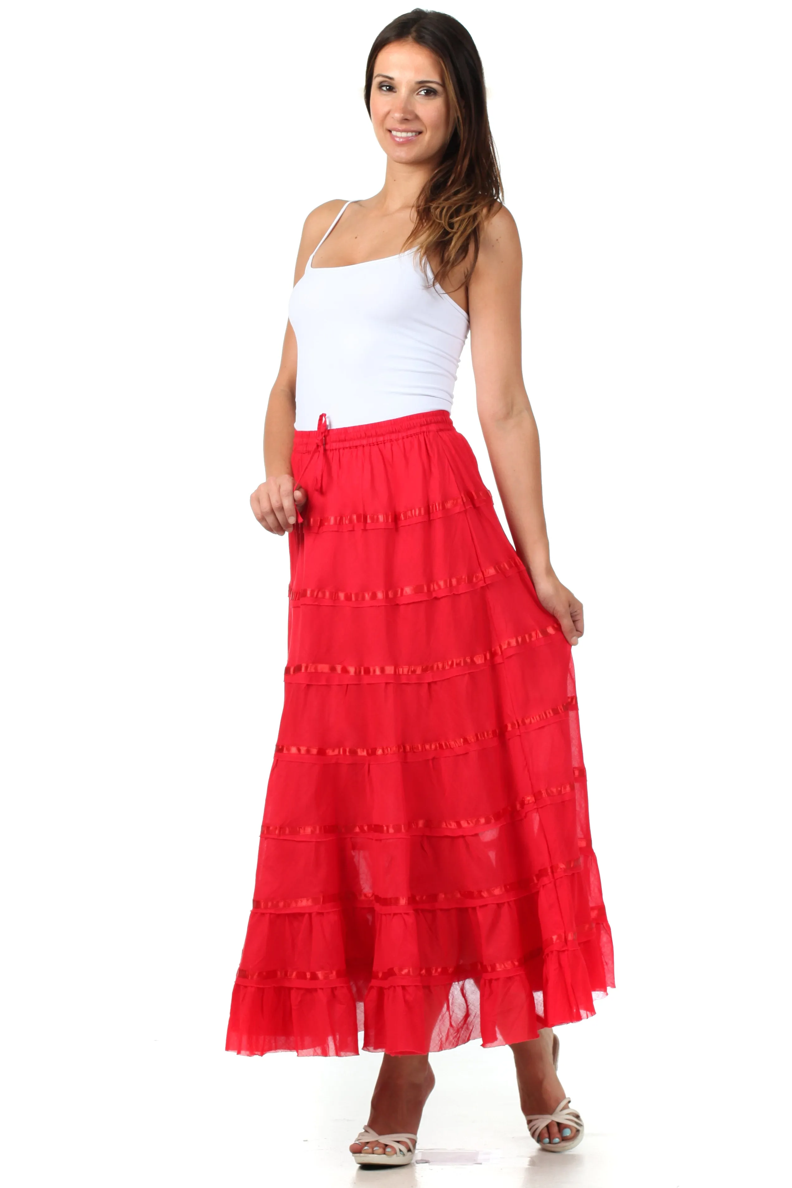 Sakkas Raw Edge Tiered Ribbon Gypsy Boho Long Cotton Skirt