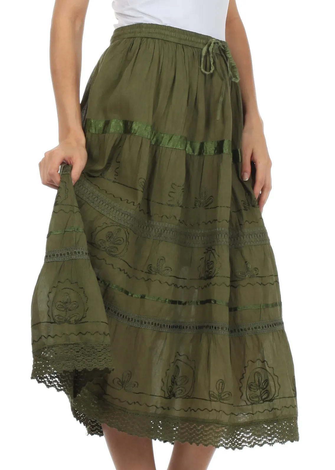 Sakkas Solid Embroidered Gypsy / Bohemian Mid Length Cotton Skirt