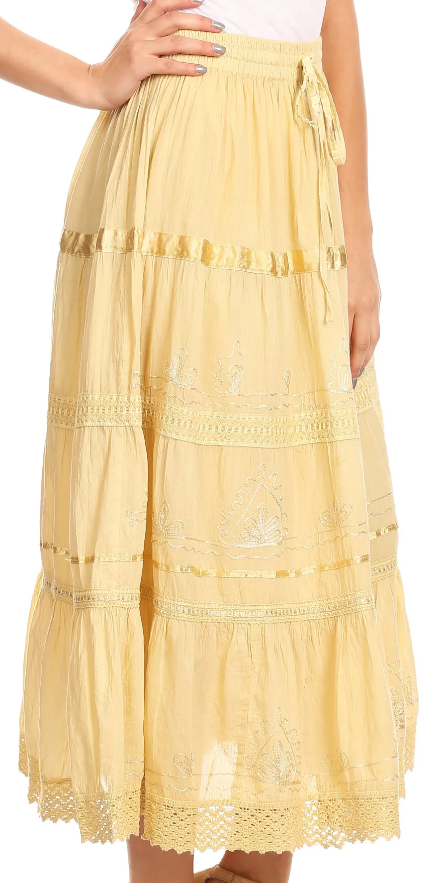 Sakkas Solid Embroidered Gypsy / Bohemian Mid Length Cotton Skirt