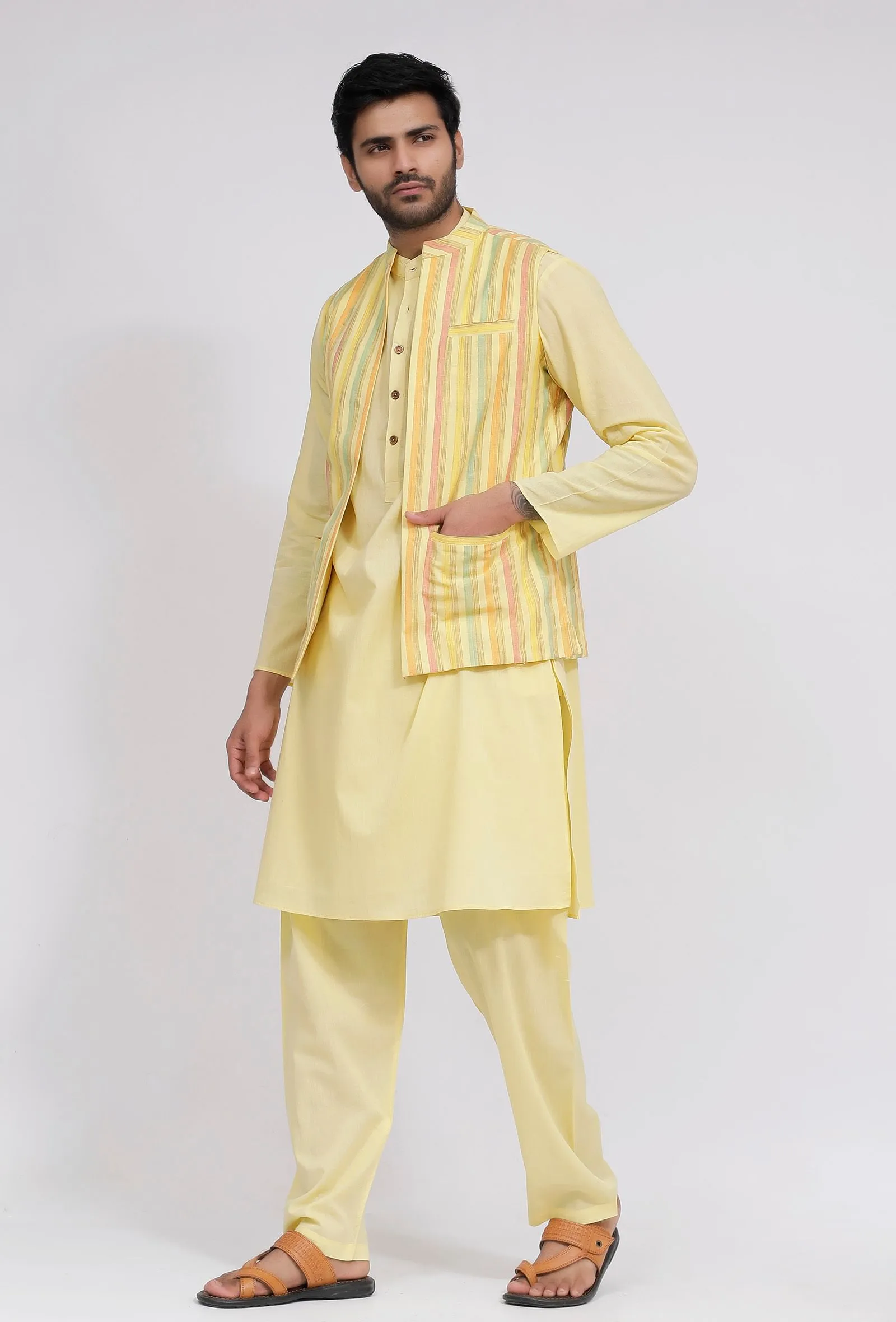 Set of 3:Yellow Stripe Nehru Jacket With Yellow Cotton Kurta and Pajama