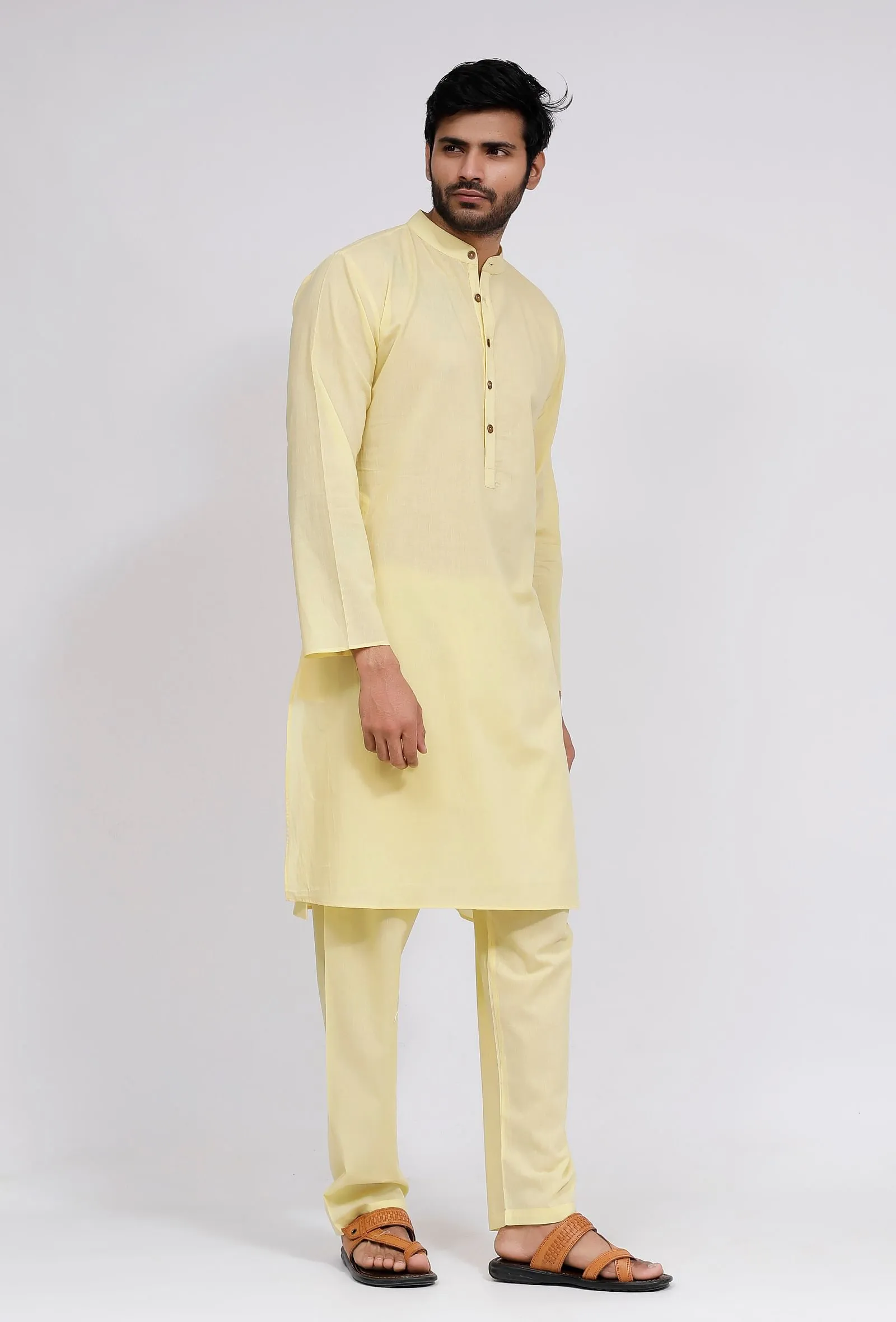 Set of 3:Yellow Stripe Nehru Jacket With Yellow Cotton Kurta and Pajama