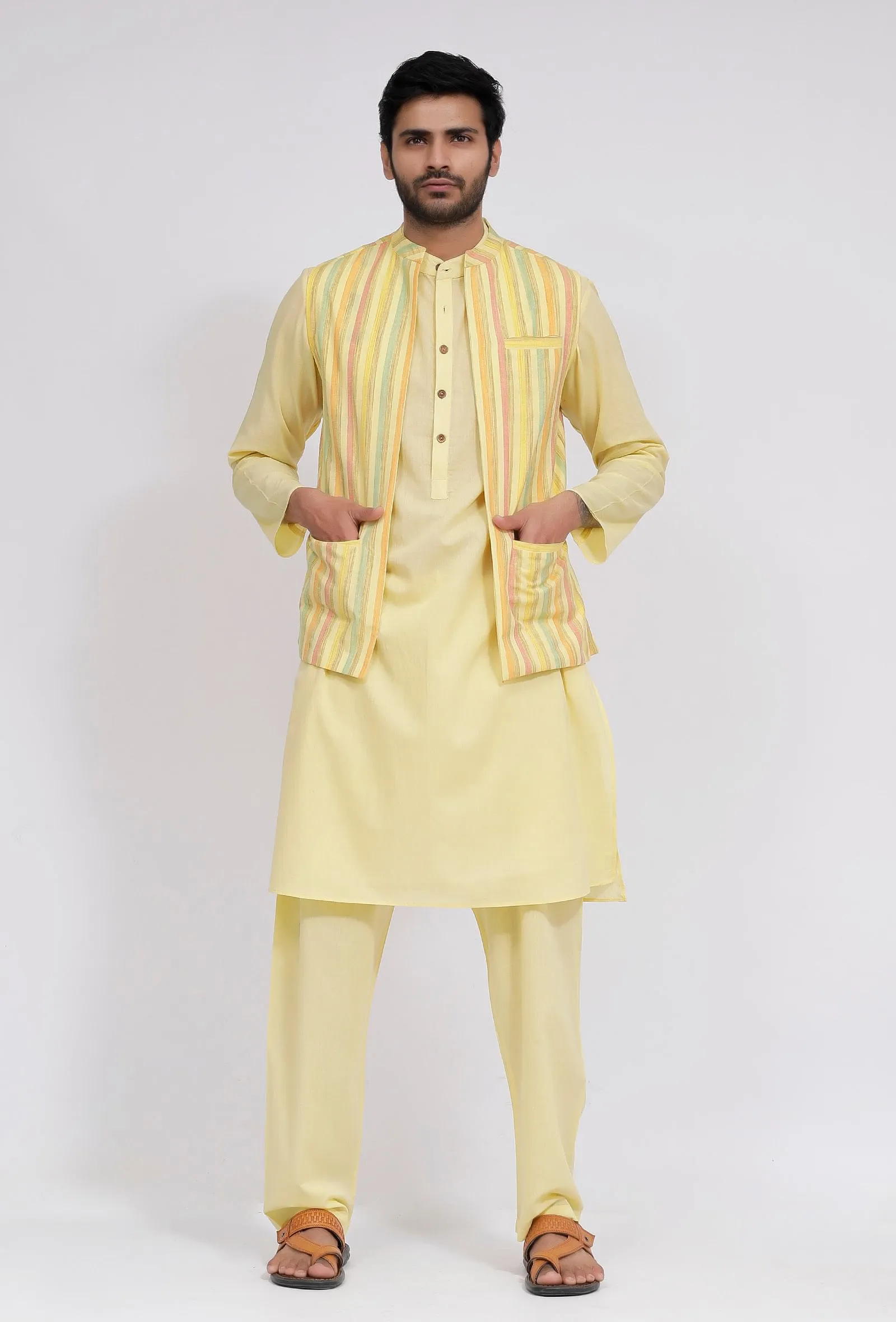 Set of 3:Yellow Stripe Nehru Jacket With Yellow Cotton Kurta and Pajama