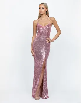 STEPHANIE COWL DRAPED SEQUIN GOWN B54D28LOB