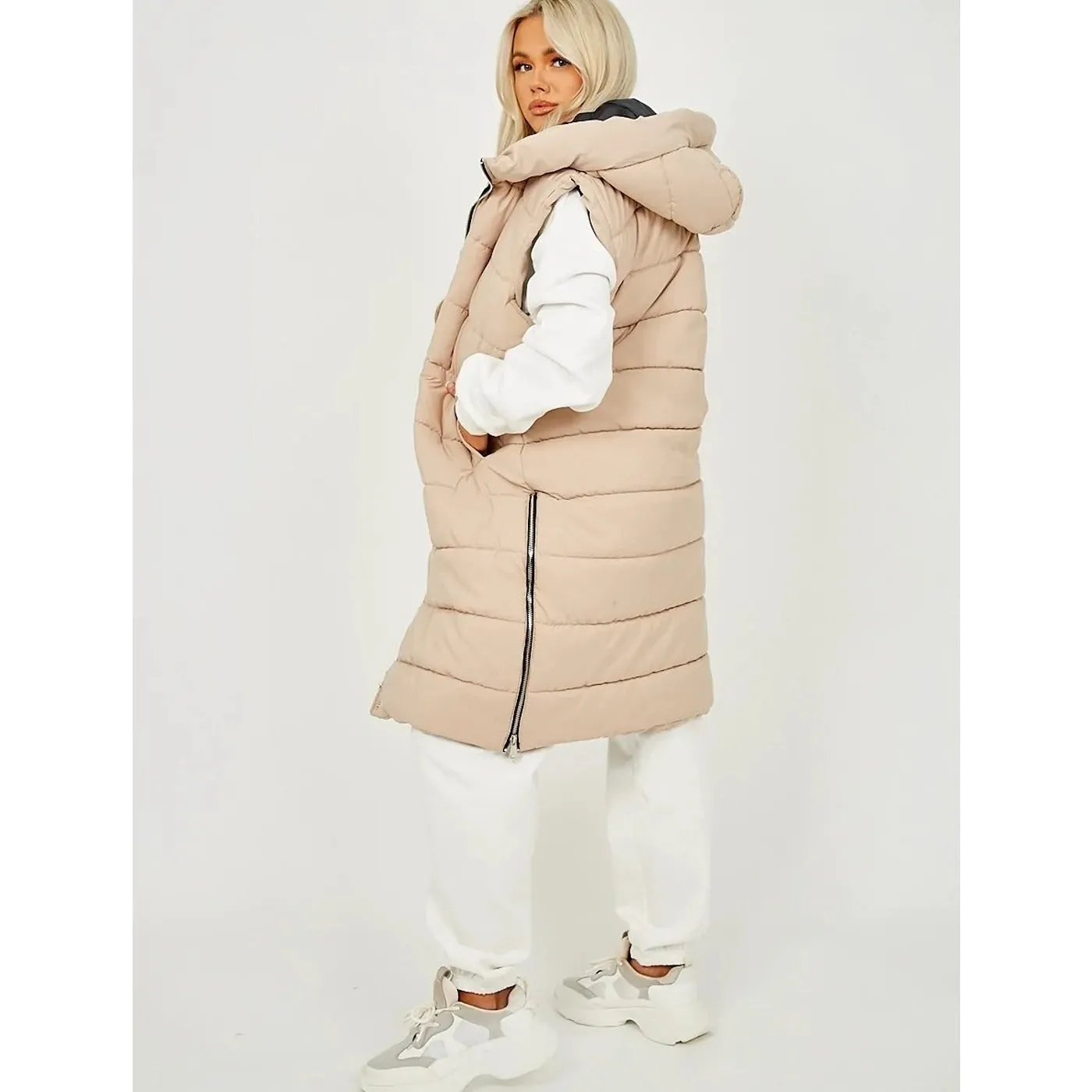 Stone Longline Padded Hooded Jacket