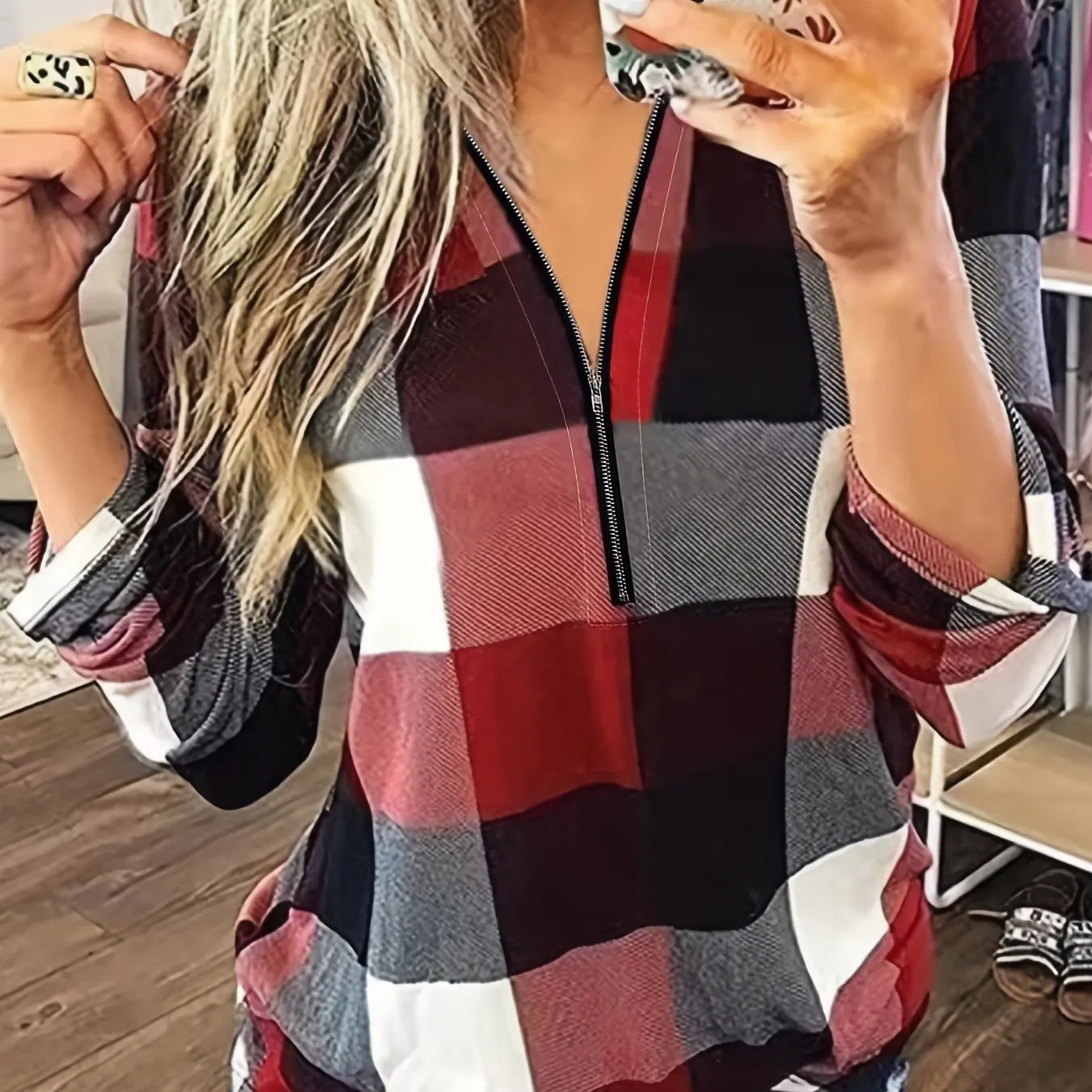 Stylish Plaid Zipper Blouse Casual Slimfit Womens Fashion